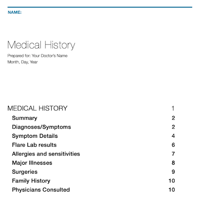 Screenshot of a document. Has a blue line with Name: underneath. Then the title Medical History. Subtitle Prepared for: Your Doctor's Name. Month, Day, Year.